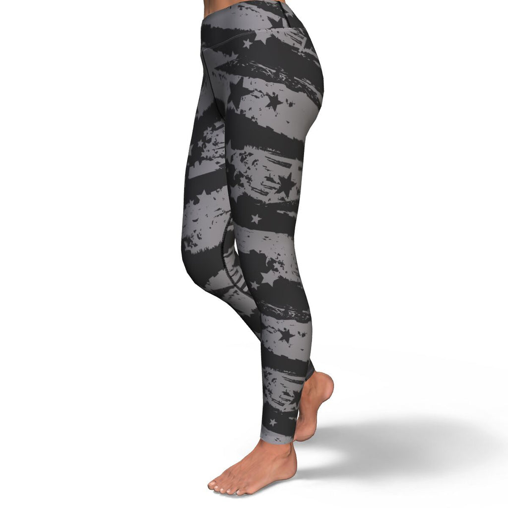 Women's Grey Grunge Stars Stripes High-waisted Yoga Leggings Left