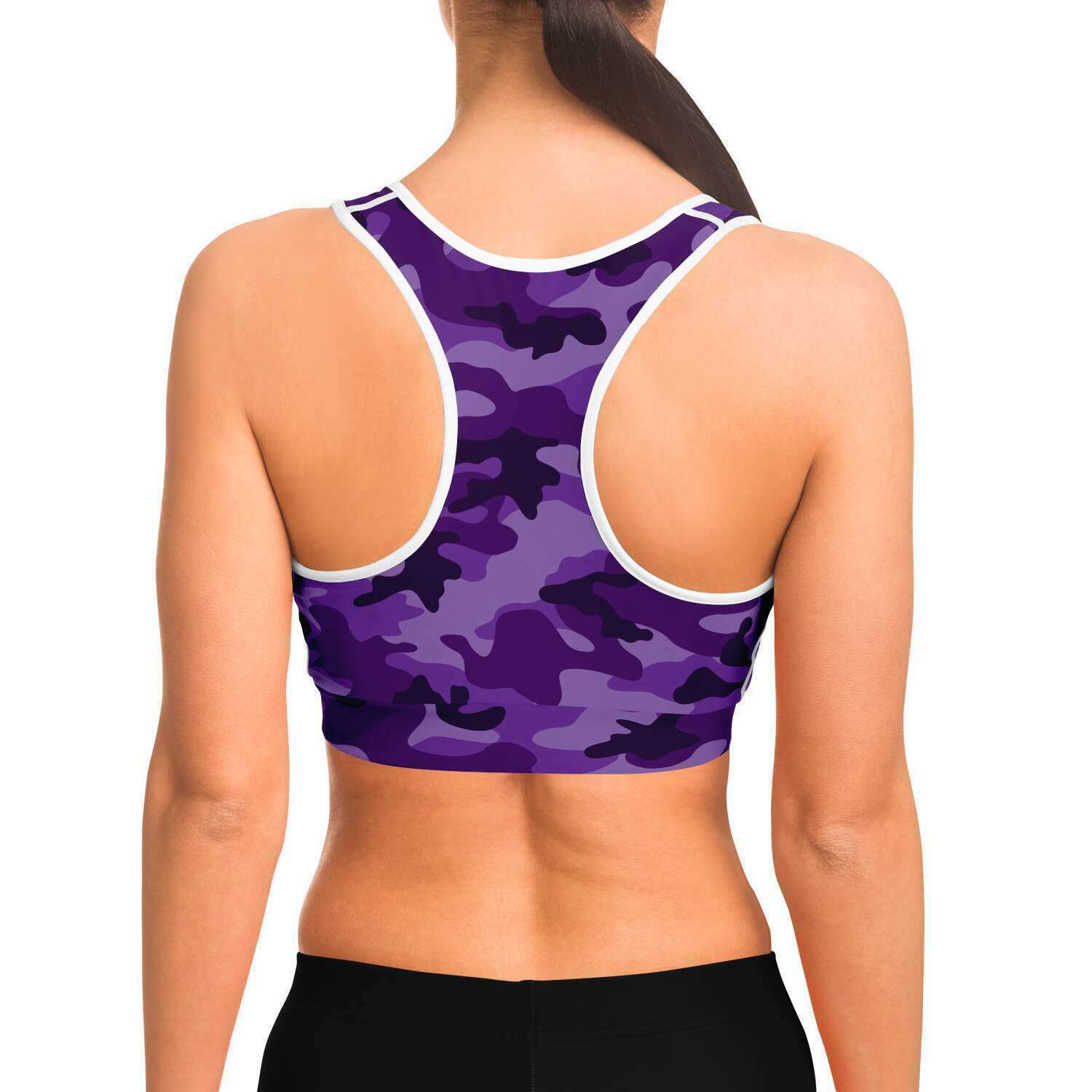 Women's All Purple Camouflage Athletic Sports Bra Model Back