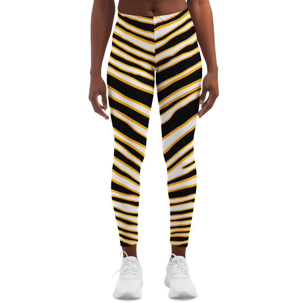 Women's Pittsburgh Football Black Yellow Wild Zebra Stripe Animal Pattern Mid-Rise Yoga Leggings