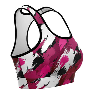 Women's Black Pink Brush Camouflage Athletic Sports Bra Right