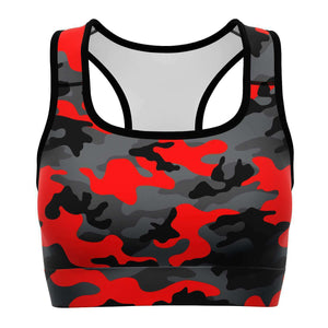 Women's Black Red Camouflage Athletic Sports Bra