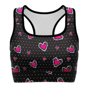 Women's Pink Hearts Polka Dots Athletic Sports Bra