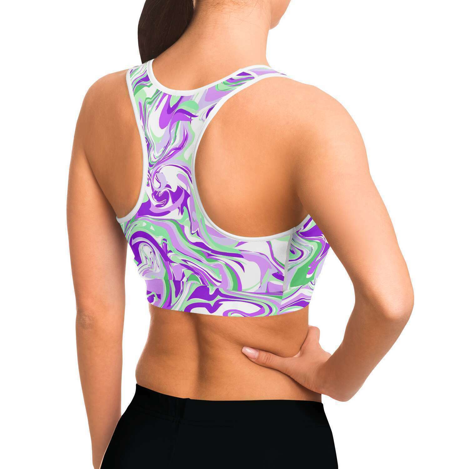 Women's Purple Green Marble Paint Swirls Athletic Sports Bra Model Right
