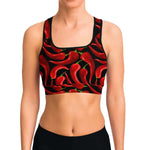 Women's Hot Red Spicy Chili Peppers Athletic Sports Bra Model Front