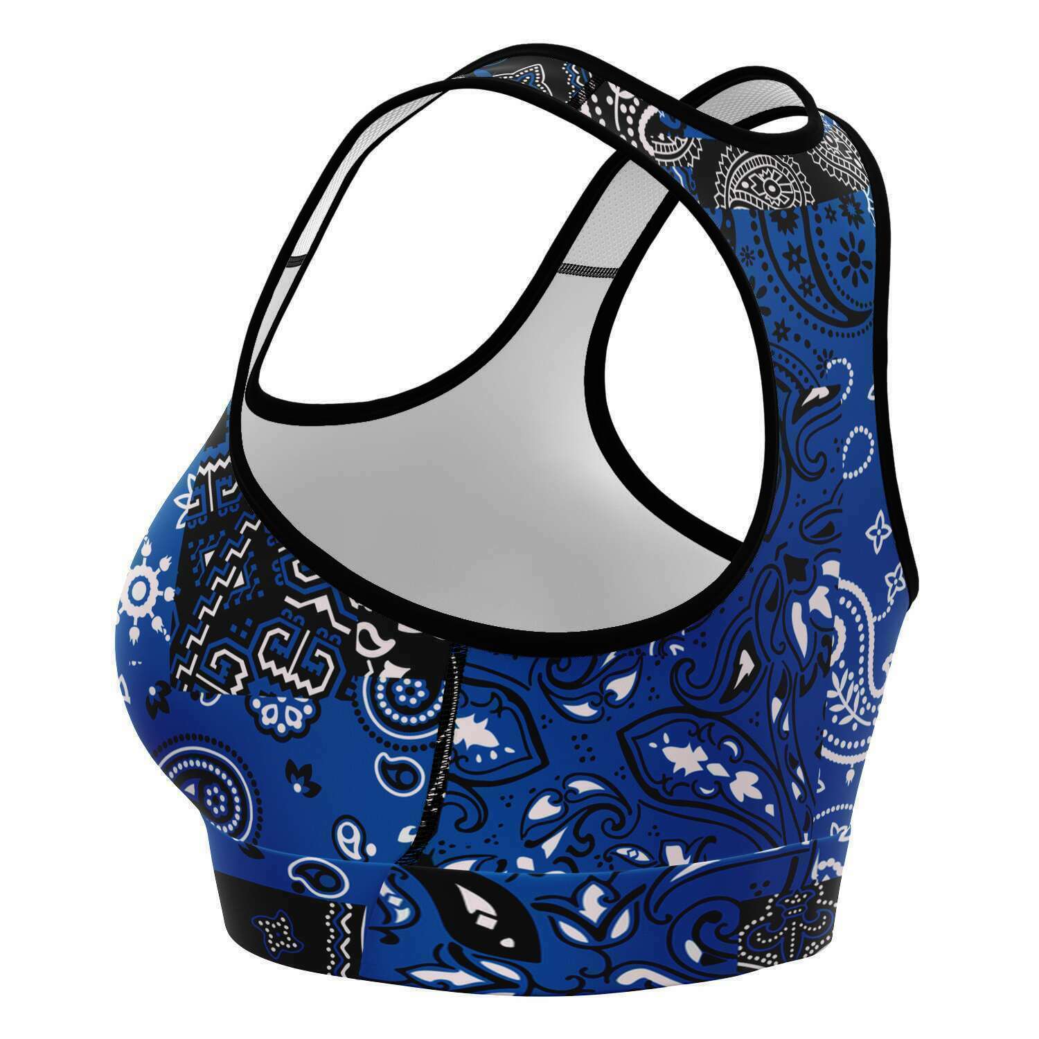 Black White Paisley Patchwork Sports Bra Left