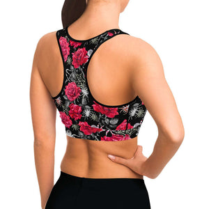Women's Deadly Pink Roses & Spiders Halloween Athletic Sports Bra Model Right