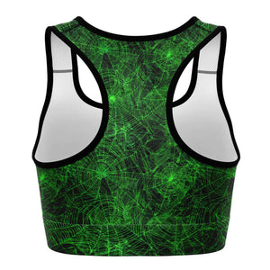Women's Neon Green Spider Web Halloween Athletic Sports Bra Back