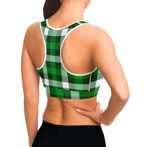 Women's Irish Green Tartan St. Patrick's Day Athletic Sports Bra Model Right