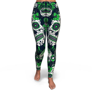 Women's Green Day Of The Dead Sugar Skulls High-waisted Yoga Leggings Front