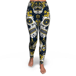 Women's Yellow Day Of The Dead Sugar Skulls High-waisted Yoga Leggings Front
