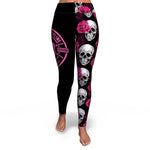 Women's Pink Roses & Skulls Halloween High-waisted Yoga Leggings Front