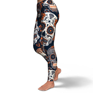 Women's Orange Day Of The Dead Sugar Skulls High-waisted Yoga Leggings