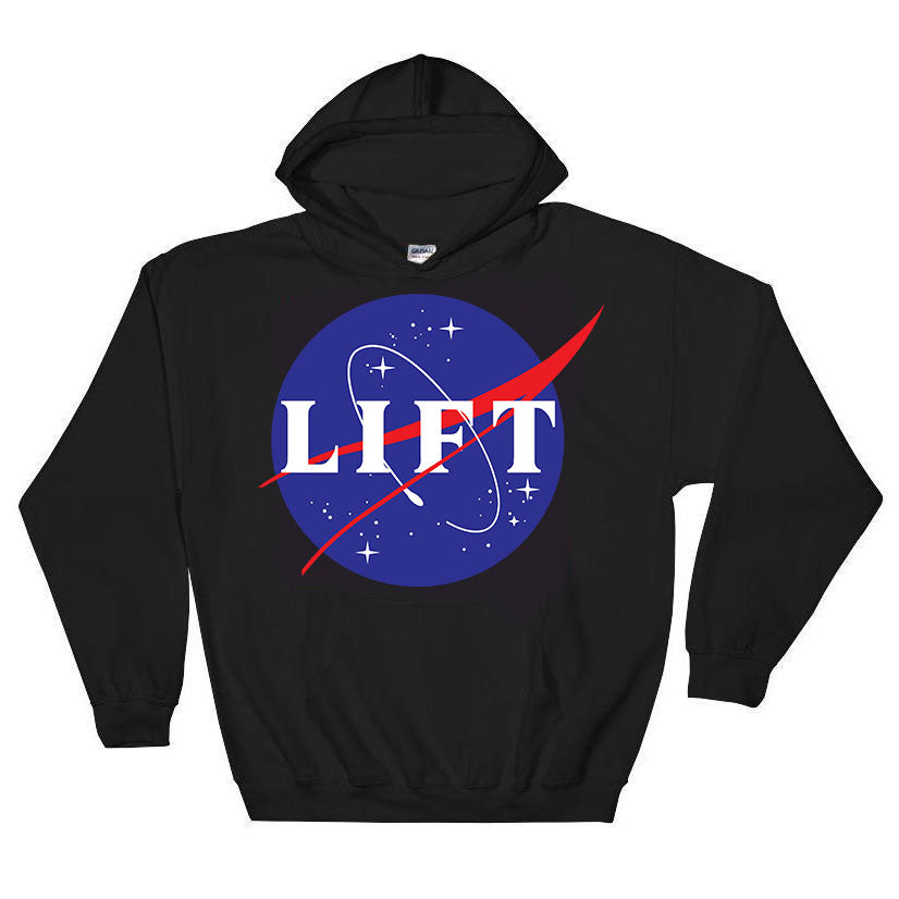 Black NASA LIFT Heavy Space Gym Workout Unisex Hoodie Front