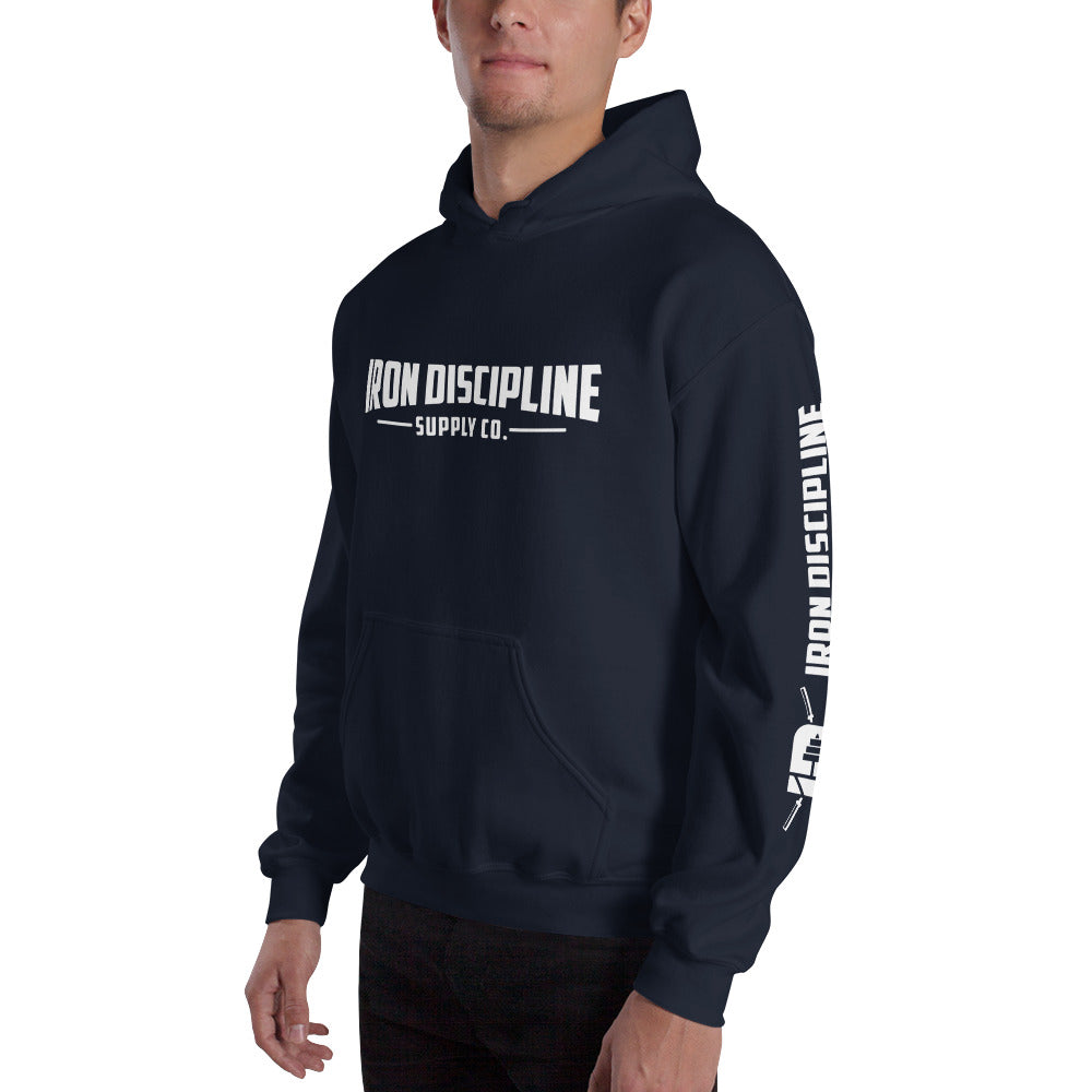 Iron Discipline Unisex Classic Horizontal Hoodie Fitness Sweatshirt Front Left Side Navy