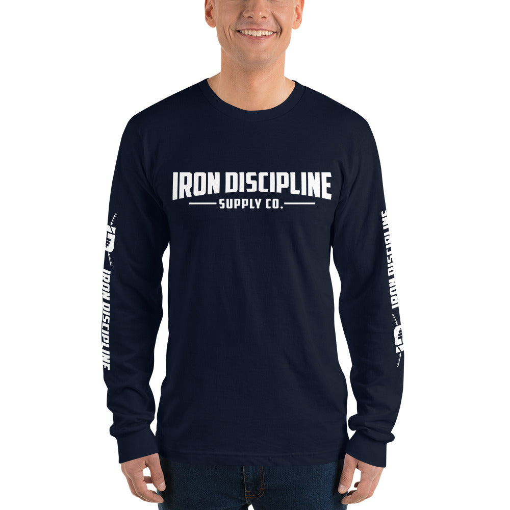 Iron Discipline Classic Horizontal Unisex Long Sleeve Fitness TShirt Navy Blue Front
