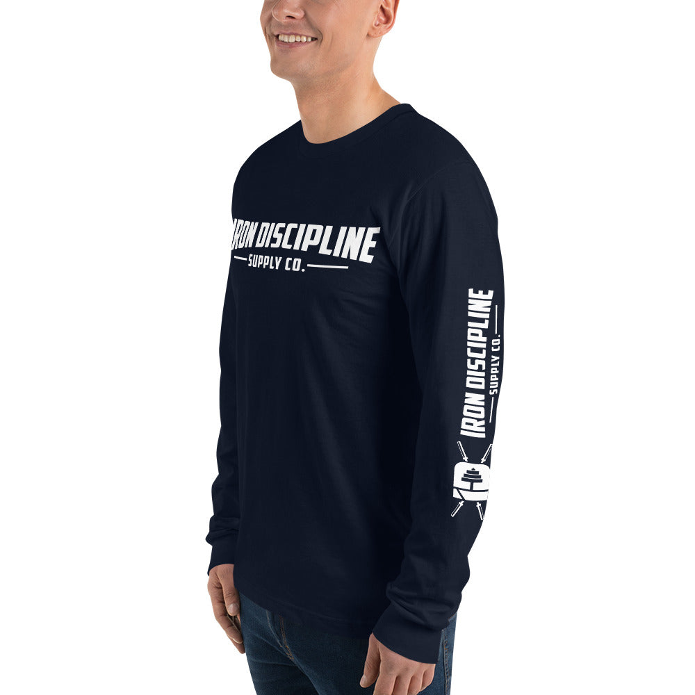 Iron Discipline Classic Horizontal Unisex Long Sleeve Fitness TShirt Left Side Front Navy Blue