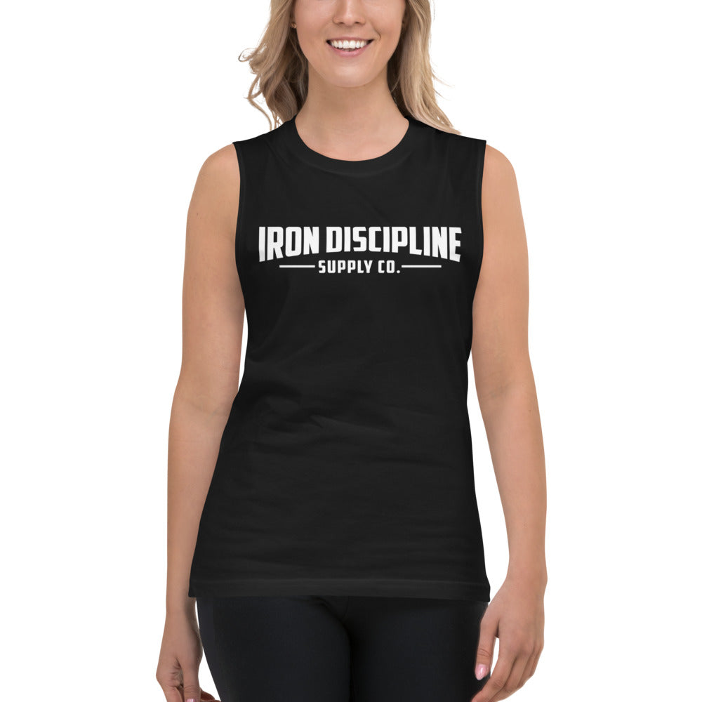 Iron Discipline Unisex Classic Logo All Black Muscle Fitness Shirt Female Model