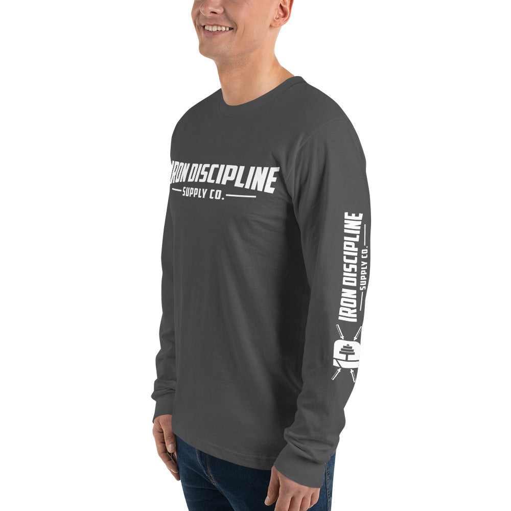 Iron Discipline Classic Horizontal Unisex Long Sleeve Fitness TShirt Left Side Grey Front
