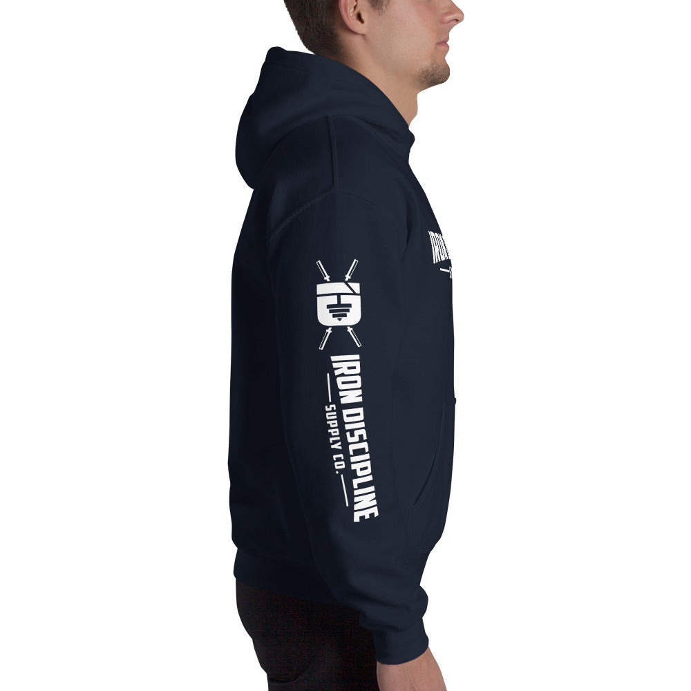 Iron Discipline Unisex Classic Horizontal Hoodie Fitness Sweatshirt Right Side Navy