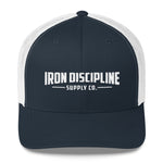 Unisex Iron Discipline Horizontal Logo Retro Trucker Gym WOD Hat Navy White