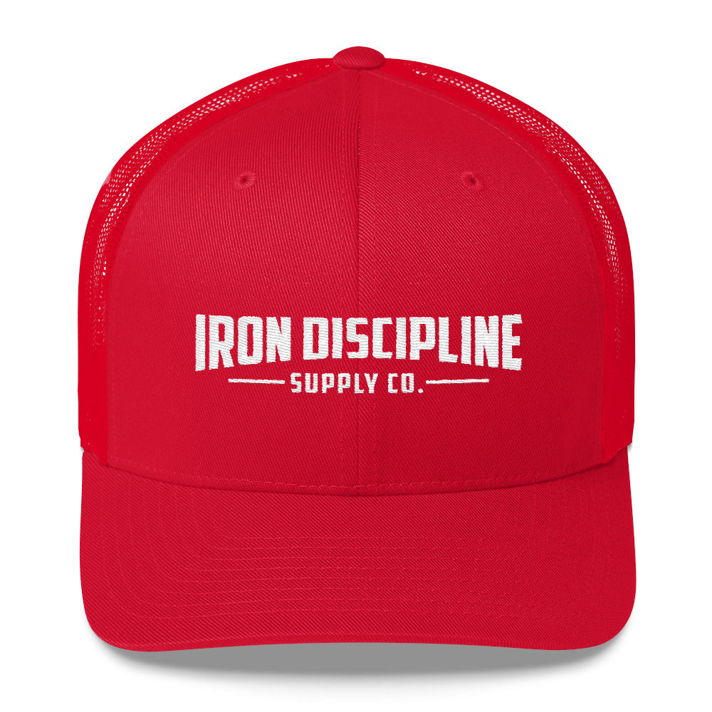 Unisex Iron Discipline Horizontal Logo Retro Trucker Gym WOD Hat Red