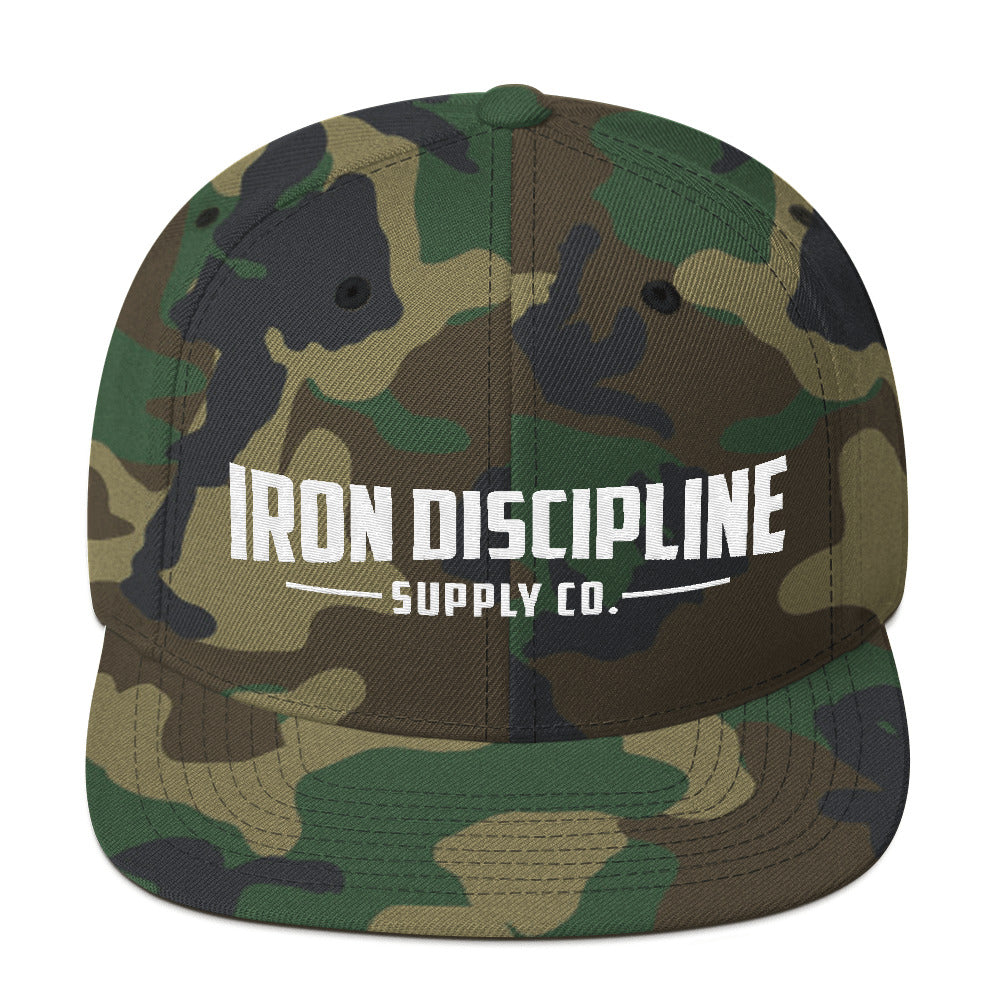 Unisex Iron Discipline Horizontal Big Head Gym WOD Snapback Camouflage Hat