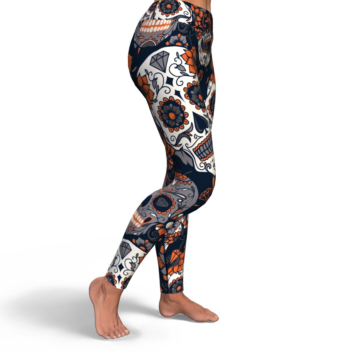 Women's Orange Day Of The Dead Sugar Skulls High-waisted Yoga Leggings Right