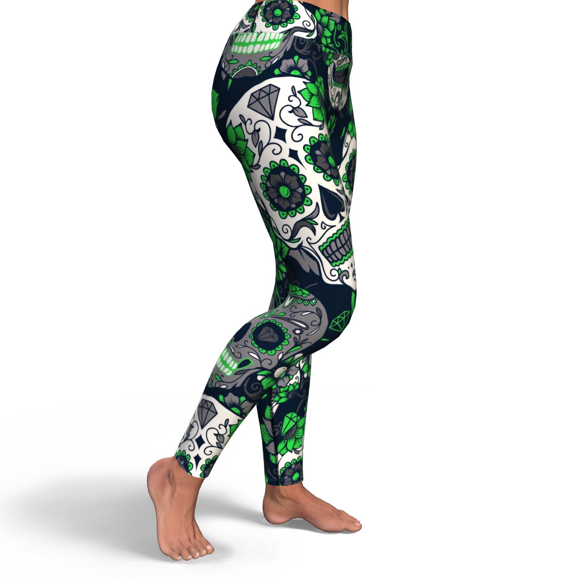 Women's Green Day Of The Dead Sugar Skulls High-waisted Yoga Leggings Right