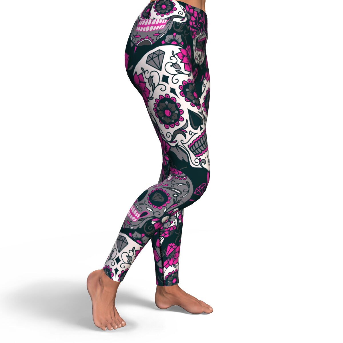 Women's Pink Day Of The Dead Sugar Skulls High-waisted Yoga Leggings Right