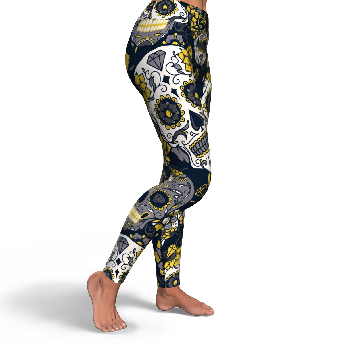 Women's Yellow Day Of The Dead Sugar Skulls High-waisted Yoga Leggings Right