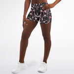 Women's Mid-rise Black Pink Rose Gold Marble Athletic Booty Shorts