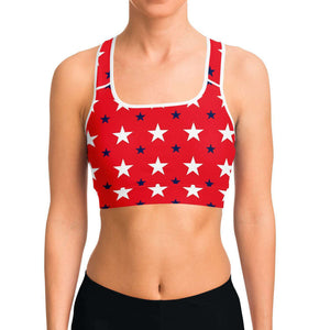 Women's Red White Blue USA Stars Athletic Sports Bra Model Front