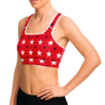 Women's Red White Blue USA Stars Athletic Sports Bra Model Left